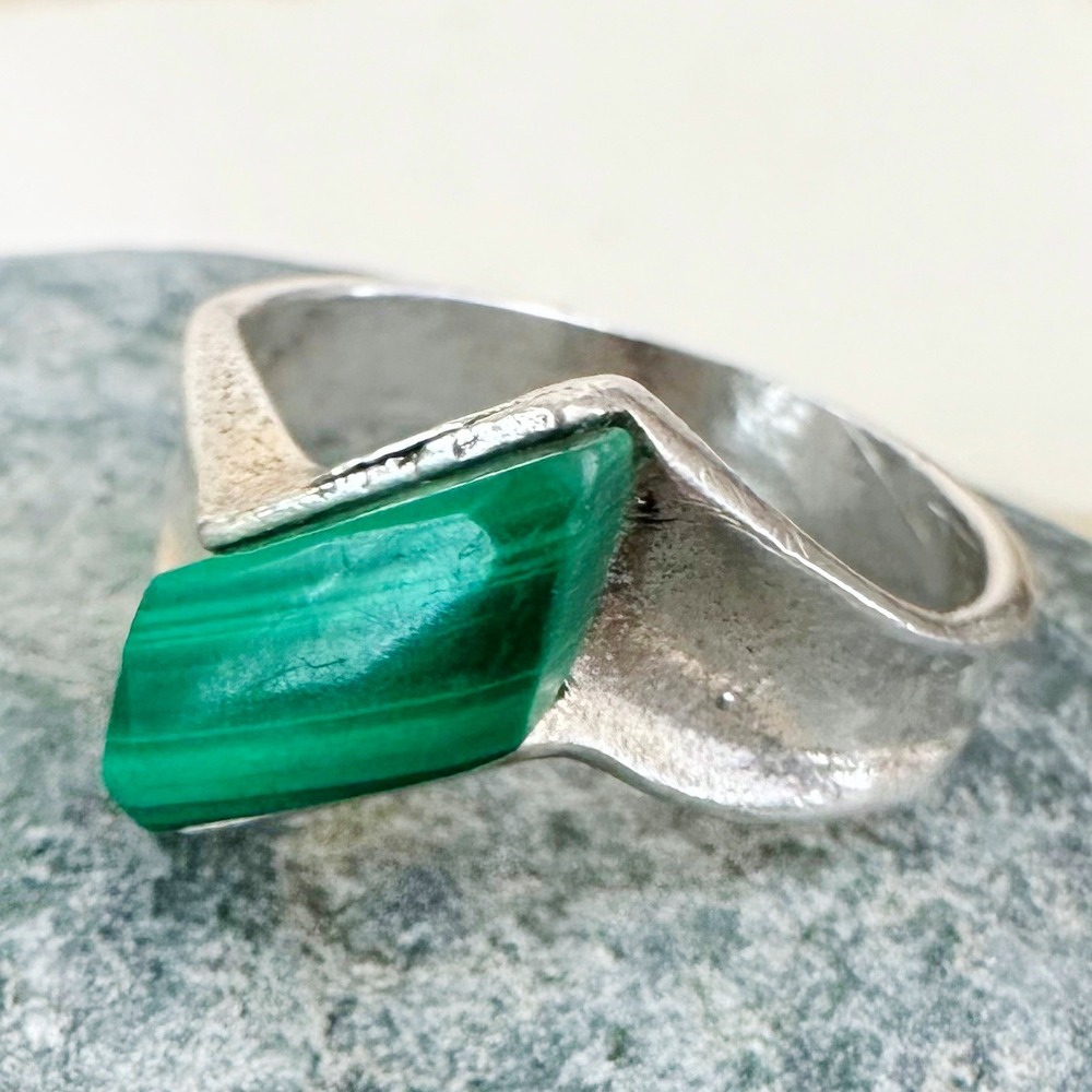 Vintage Malachite Ring Sterling Silver Handmade Green Stone Band Ring‎ Sz 11